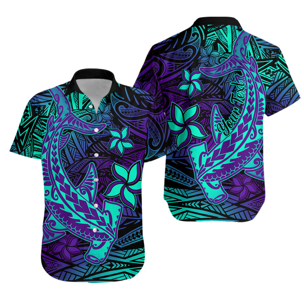 Custom Personalised Polynesian Hawaiian Shirt Purple Paradise Hawaiian Tribal Hammerhead Shark