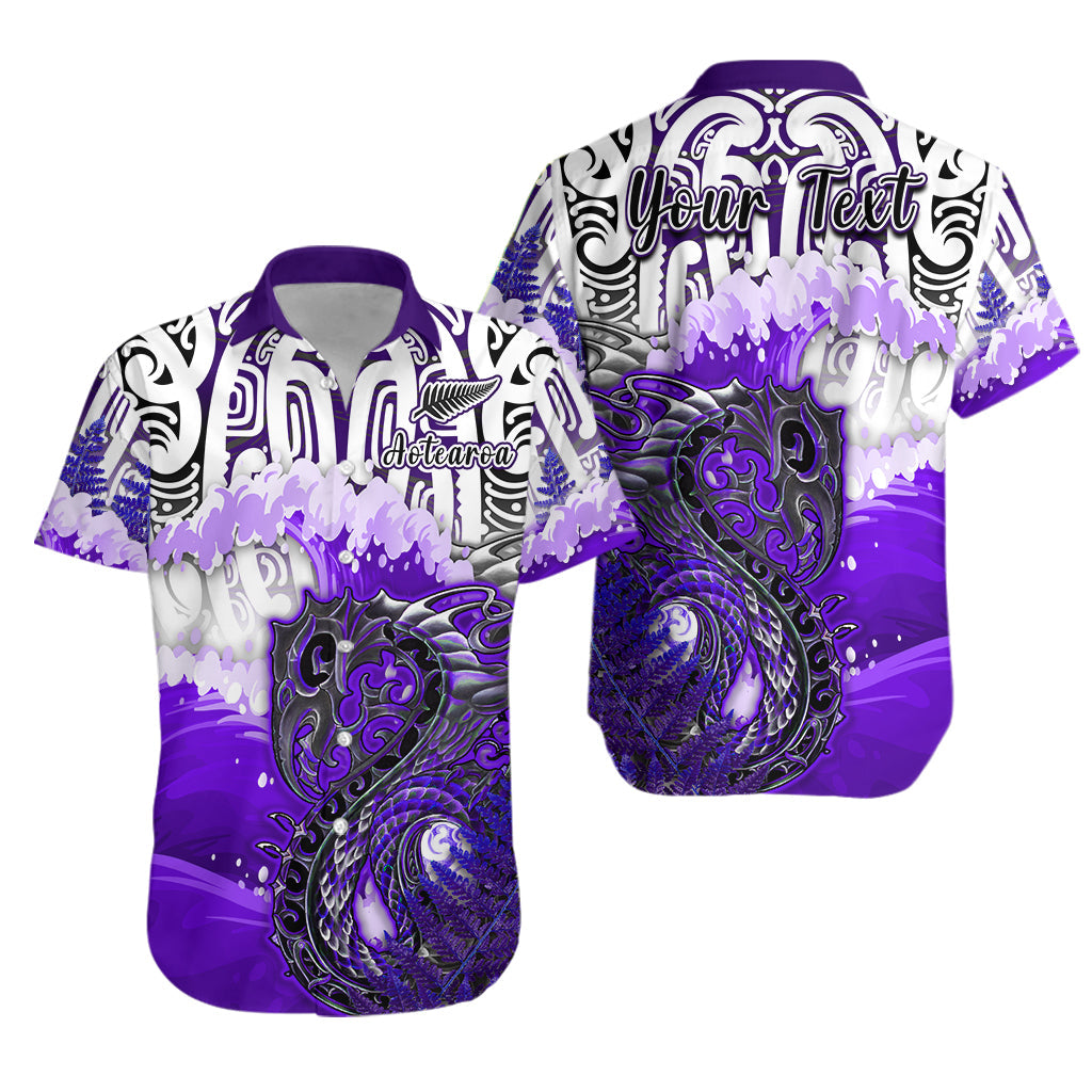 Custom Personalised Manaia Maori Hawaiian Shirt Fern Aotearoa Purple Waves