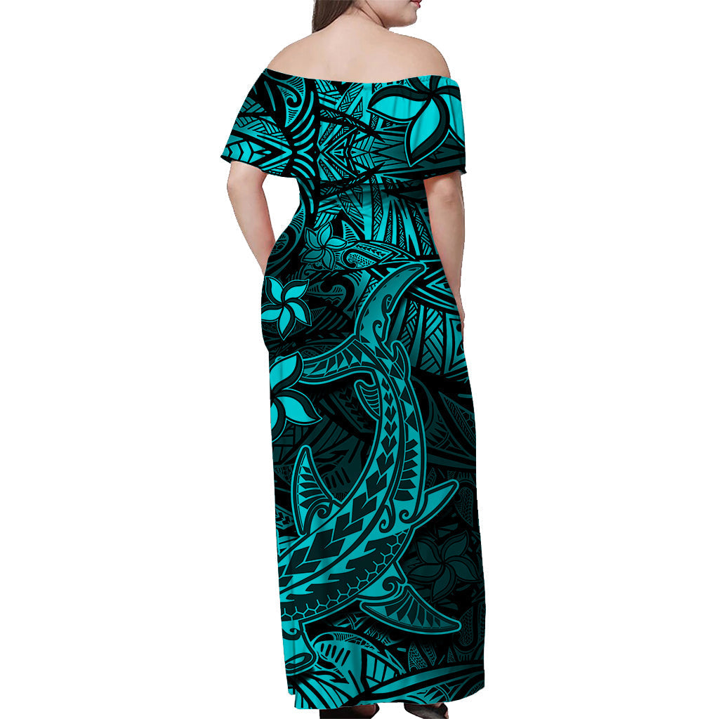 Polynesian Off Shoulder Long Dress Turquoise Hawaiian Tribal Hammerhead Shark