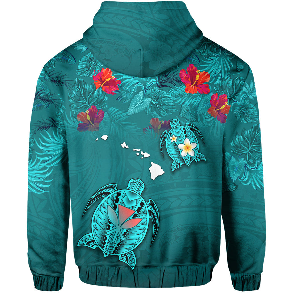 ( Personalised) Hawaiian Islands Hoodie Hawaii Tropical Flowers and Turtles Turquoise