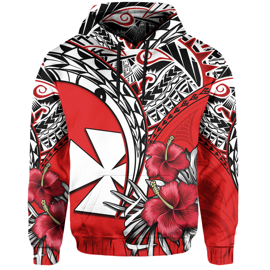 Wallis et Futuna Hoodie Polynesian Pattern and Hibiscus Flowers Version Red