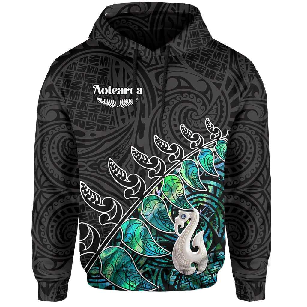 New Zealand Maori Hoodie Fern and Manaia Version Black
