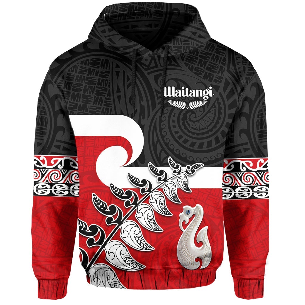 Waitangi Hoodie Aotearoa Maori Pattern Mix Fern and Manaia Koru