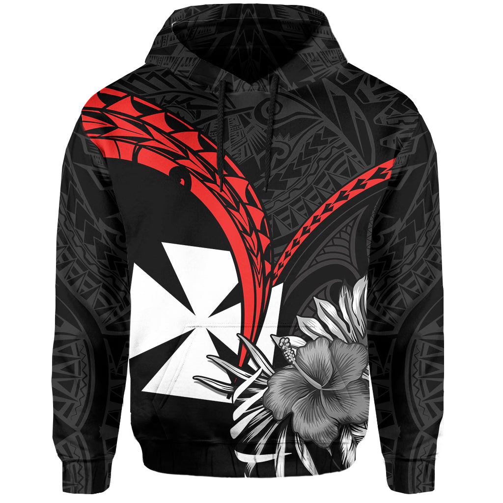 Wallis et Futuna Hoodie Polynesian Pattern and Hibiscus Flowers Version Black