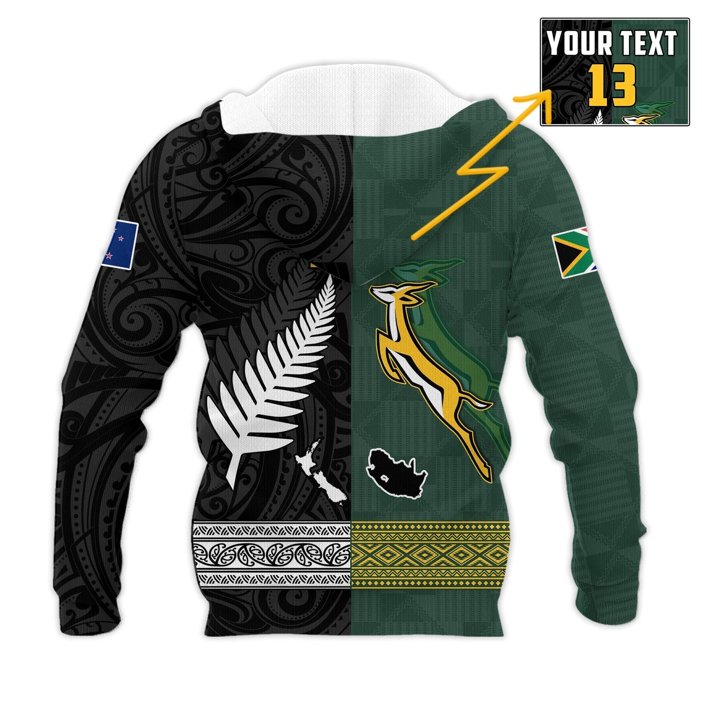 Custom Text and Number South Africa Protea and New Zealand Fern Hoodie Rugby Go Springboks vs All Black
