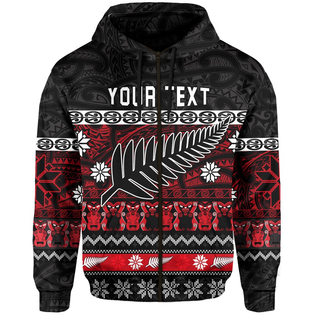 Custom Text New Zealand Silver Fern Christmas Zip Hoodie Maori Meri Kirihimete Personalised Hoodie