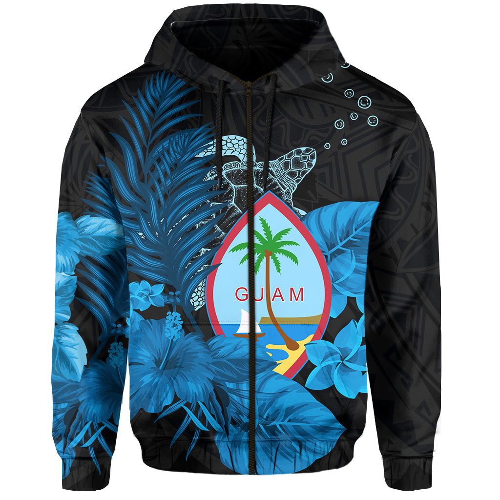 Guam Seal Zip Hoodie Polynesian Turtle with Flowers Version Blue