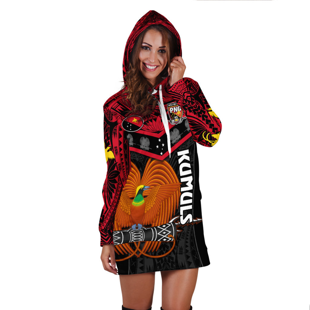 Custom Text And Number Papua New Guinea Rugby Hoodie Dress PNG Kumuls Bird Of Paradise Black
