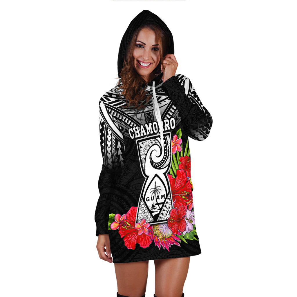 Custom Personalised Guam Chamorro Hoodie Dress Guaman Latte Stone Tropical Flowers Black Style