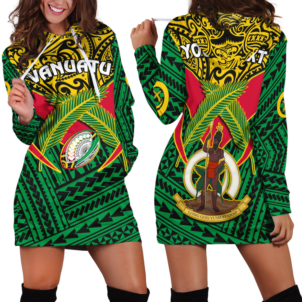 Custom Personalised Vanuatu Rugby Hoodie Dress Coat Of Arms Polynesian Pattern