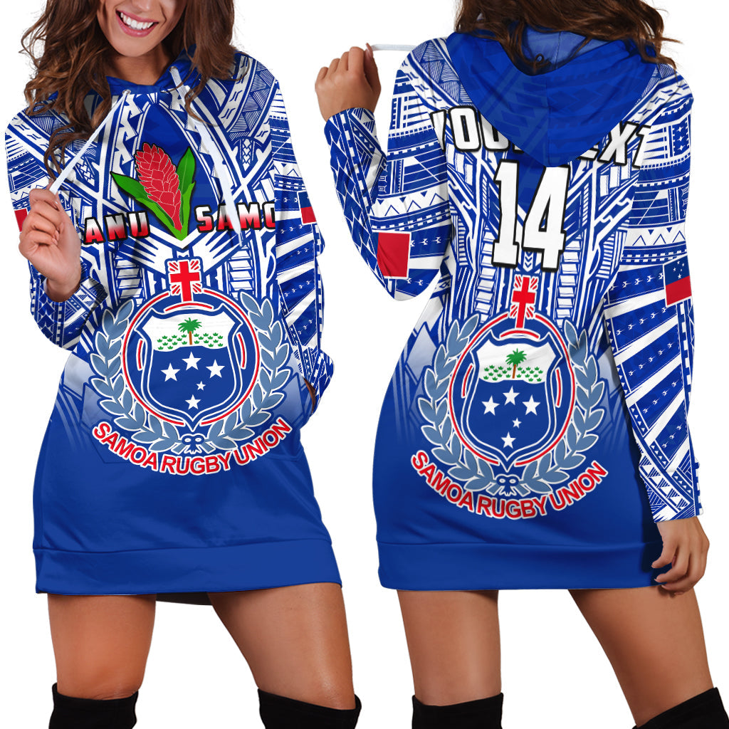 Custom Text And Number Samoa Rugby Hoodie Dress Manu Samoa 7s Ginger Blue Polynesian