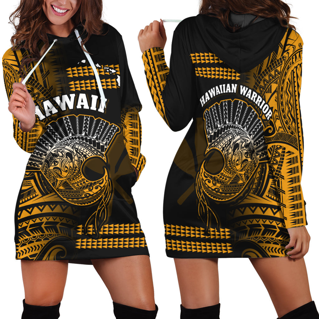 Hawaii Hoodie Dress Kakau Warrior Helmet Gradient Gold Polynesian