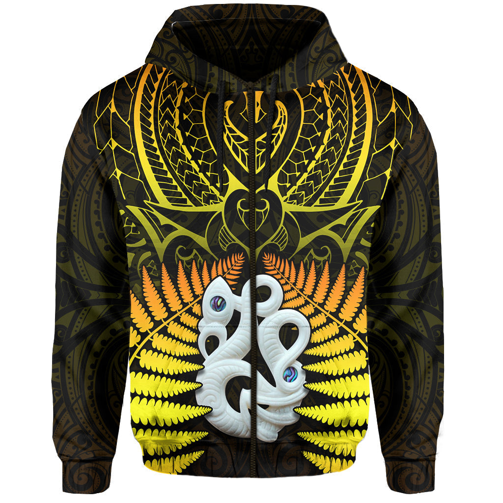 Aotearoa Fern Hoodie New Zealand Hei Tiki Gold Style Zip Up Hoodie