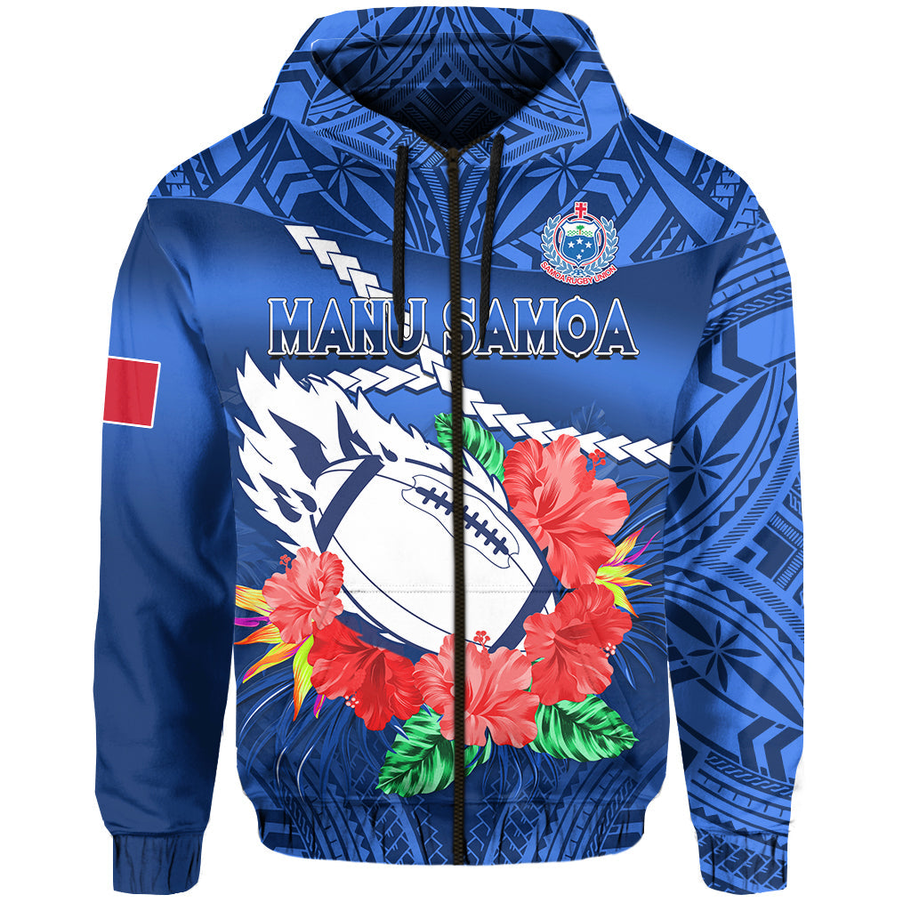 Samoa Rugby Hoodie Manu Samoa Polynesian Hibiscus Blue Style
