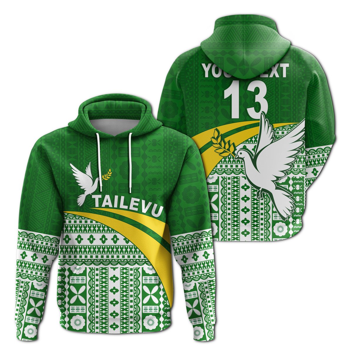 ( Text and Number) Tailevu Rugby Hoodie Fiji Rugby Tapa Pattern Green