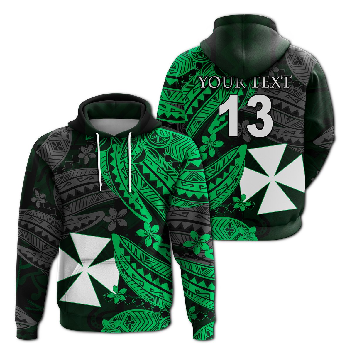 ( Text and Number) Wallis and Futuna Hoodie Enjoy Polynesian Flowers Version Green