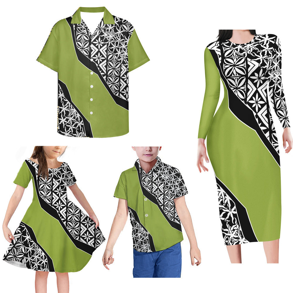 Green Geometric Polynesian Matching Family Outfits Bodycon Long Sleeve Dress For Her And Shirt For Him Girl Dress Kids