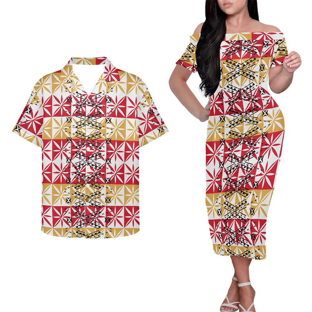 Polynesian Tribal Geometric Pattern Couple Outfits Pacific Tropical Island Hung Short Sleeved Dress And Hawaiian Shirt For Her Him