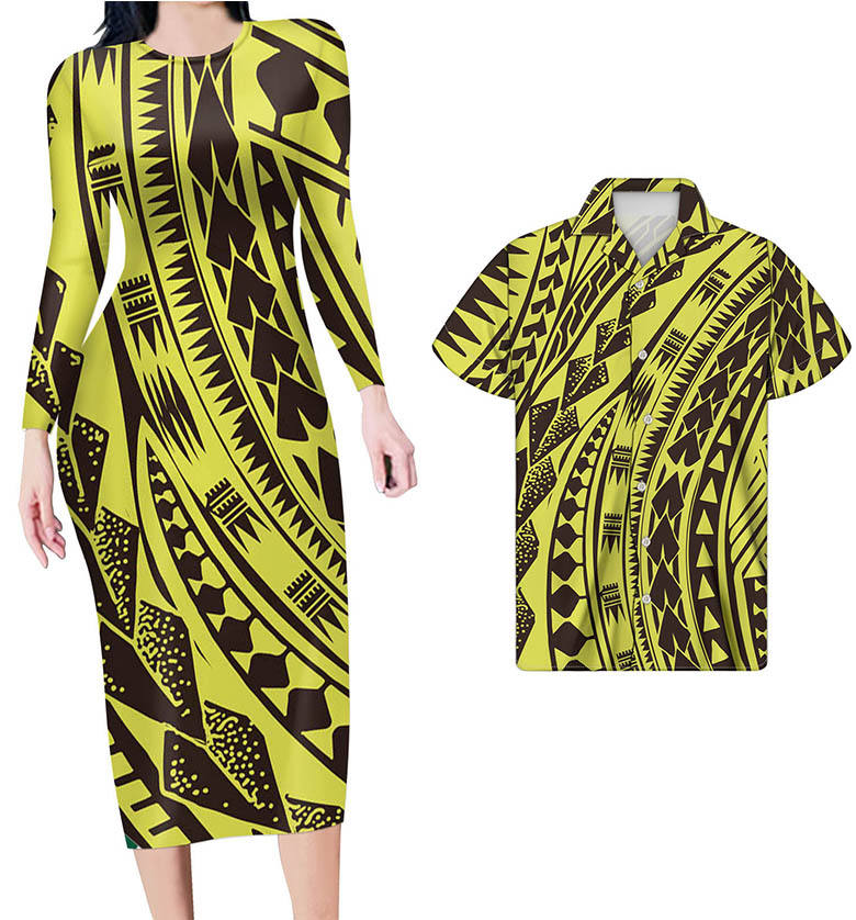 Hawaii Matching Outfits For Couples Polynesian Tribal Yellow Black Bodycon Dress And Hawaii Shirt