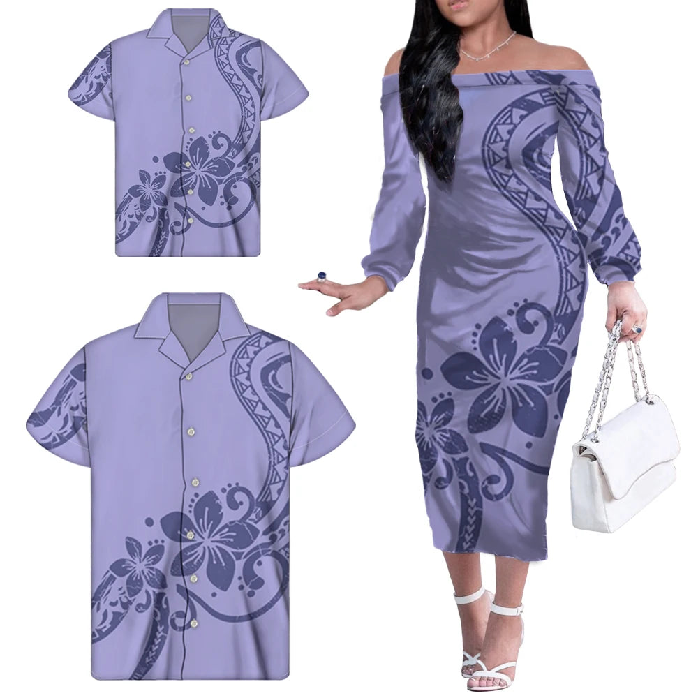 Purple Polynesian Tribal Floral Family Outfits Custom Bodycon Women Summer Off Shoulder Dress Matching Men Shirt