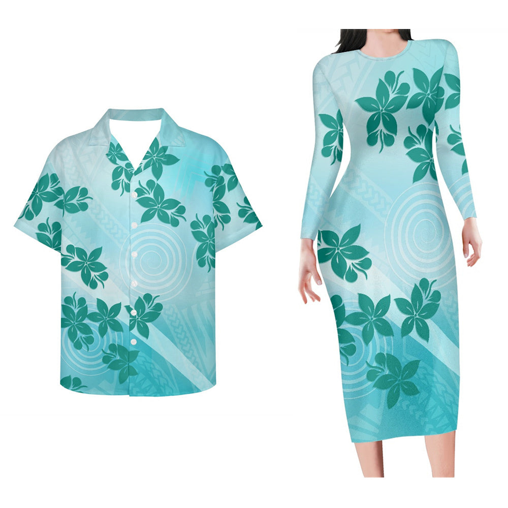 Polynesian Tribal Leaf Pattern Couple Set For Her Him Bodycon Dress And Hawaii Shirt Island Matching Outfit For Couple