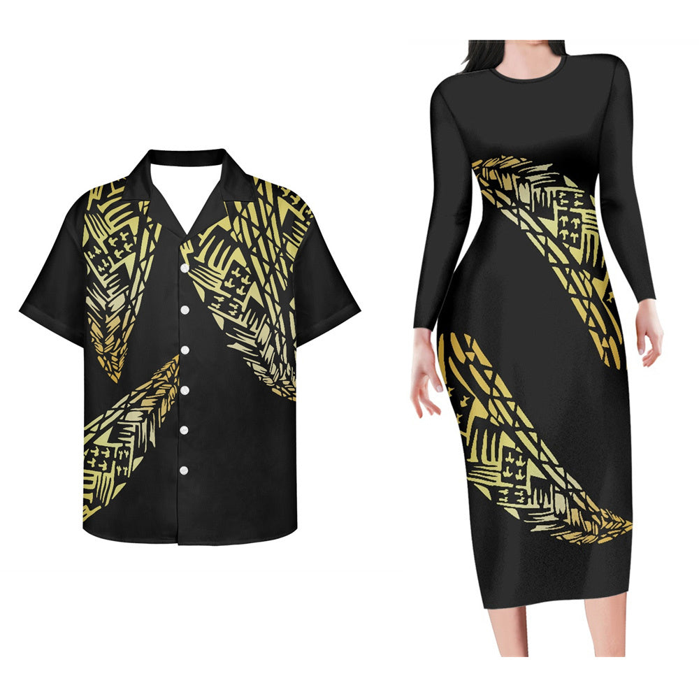 Black Polynesian Tribal Pattern Couple Set For Her Him Bodycon Dress And Hawaii Shirt Island Matching Outfit For Couple