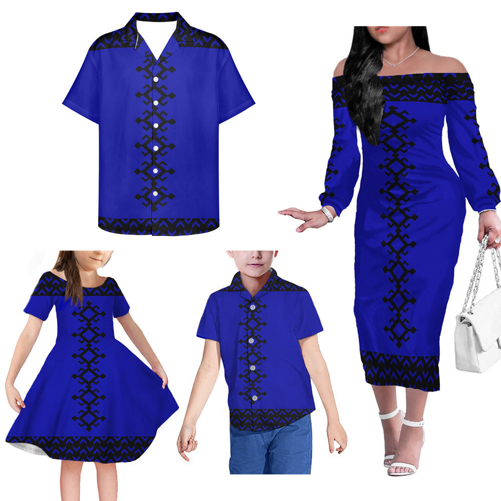 Polynesian Tribal Pattern Matching Outfit For Family Blue Dress Hawaiian Shirt For Her Him