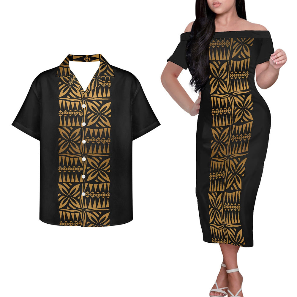 Polynesian Tribal Clothing Couple Outfits Pacific Island Patterns Black Hung Short Sleeved Dress And Hawaiian Shirt