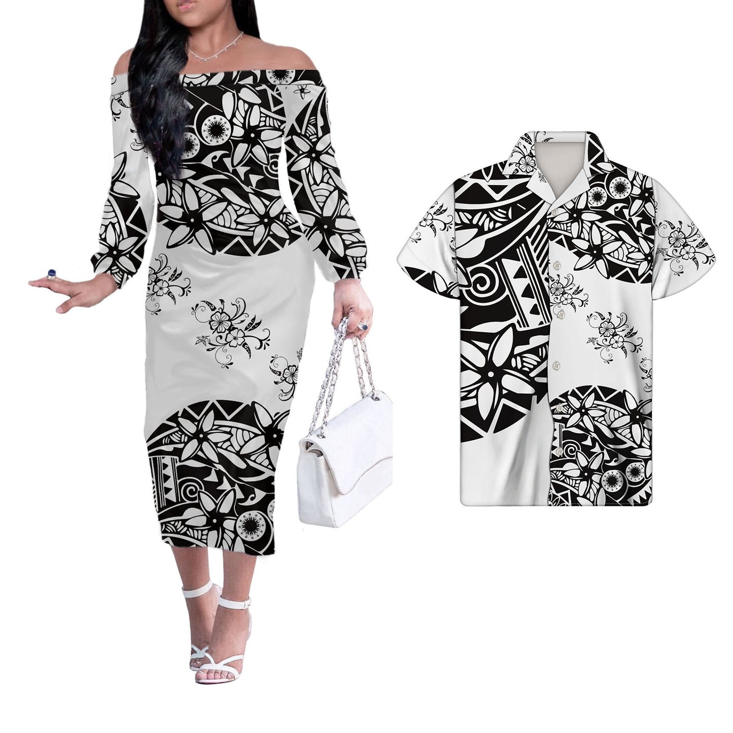 Polynesian Tribal Flowers Couple Matching Outfits Men Shirts and Dress Off Shoulder Long Dresses for Women