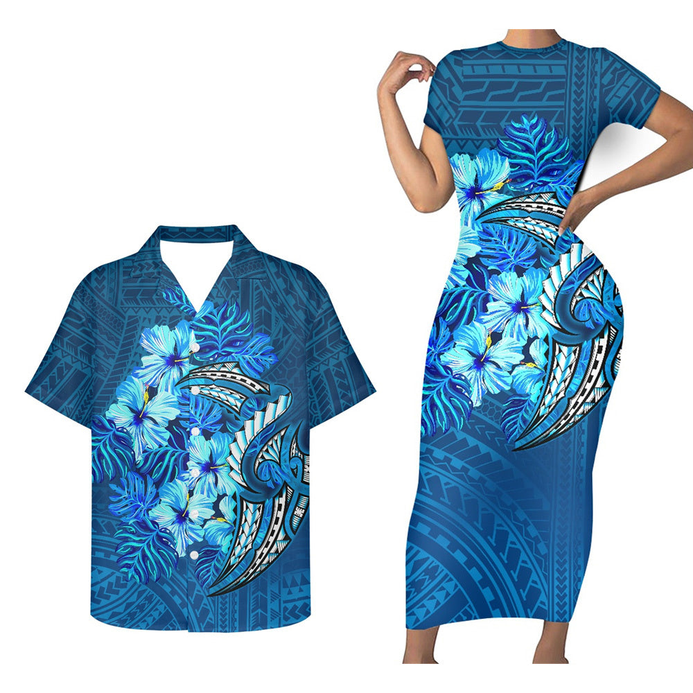 Polynesian Matching Outfit For Couple Polynesian Tribal Tight Short Sleeve Dress And Hawaiian Shirt For Her Him