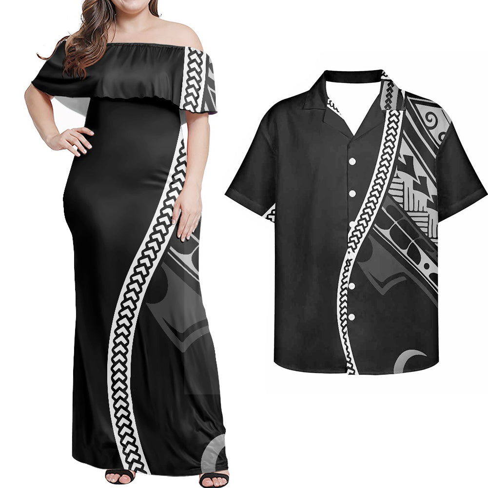Polynesian Tribal Pattern Curve Style Black Combo Dress and Hawaiian Shirt Matching Couples Outfit For Him Her