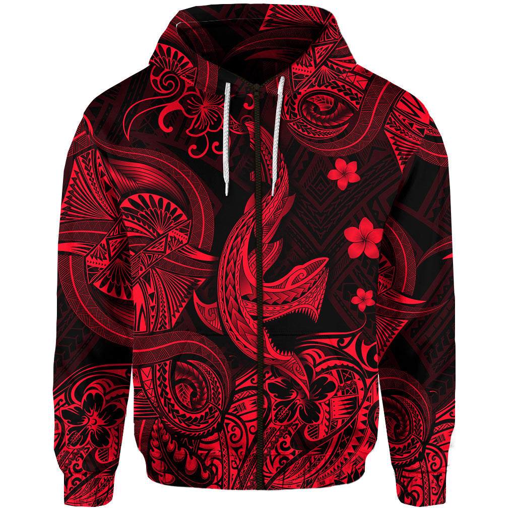 ( Personalised) Hawaii Shark Angry Polynesian Zip Hoodie Unique Style Red
