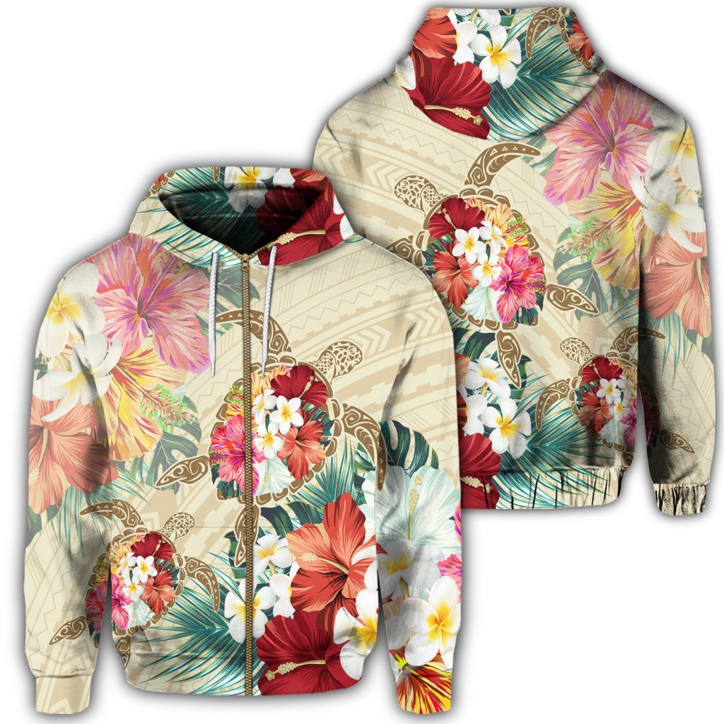 Hawaii Floral Turtle Zip Hoodie Beige