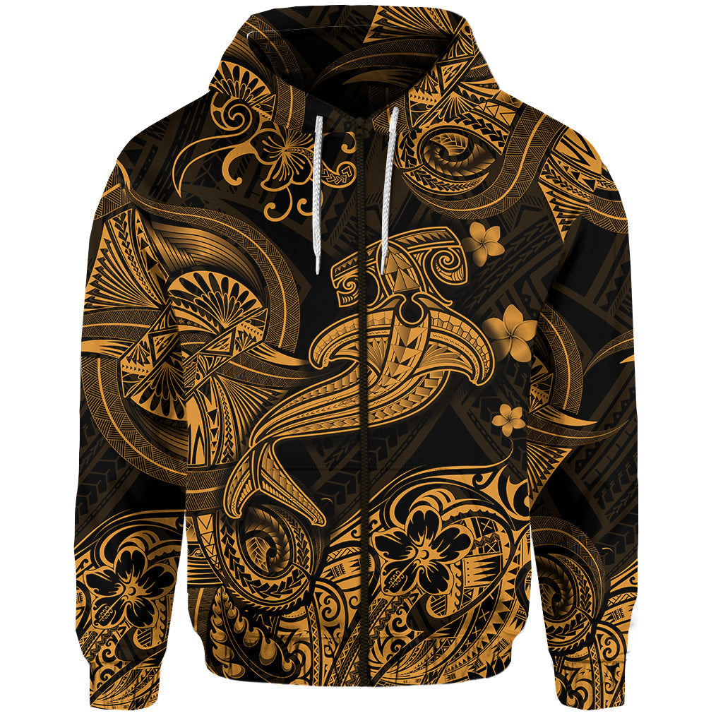 ( Personalised) Hawaii Hammer Shark Polynesian Zip Hoodie Unique Style Gold