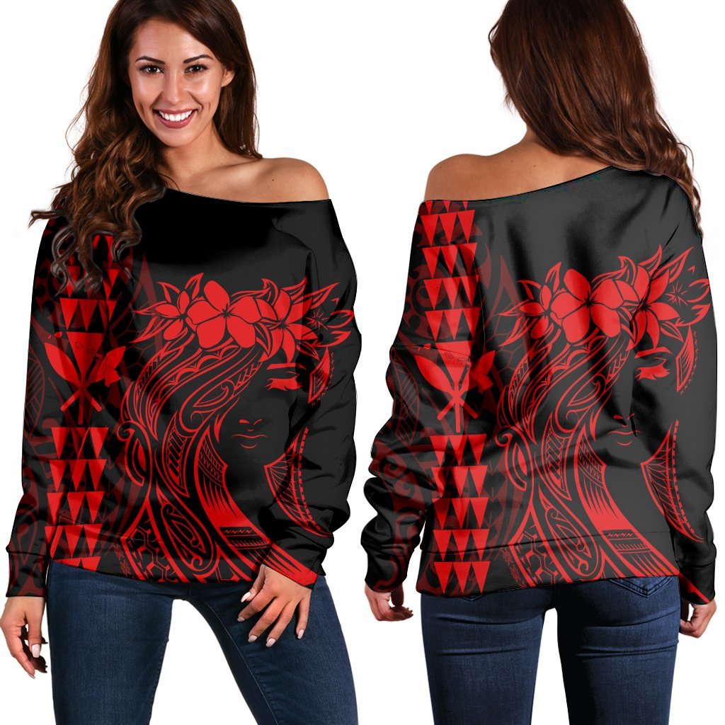 Hawaii Map Kanaka Polynesian Hula Girl Women's Off Shoulder Sweater Red AH J5R