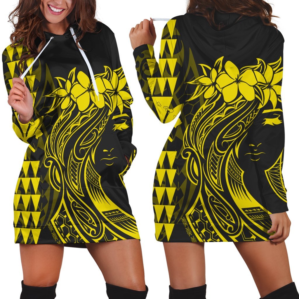 Hawaii Map Kanaka Polynesian Hula Girl Hoodie Dress Yellow AH J5R