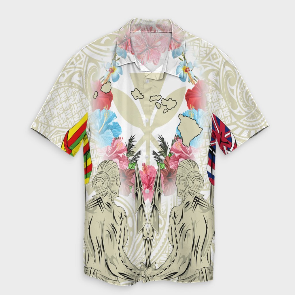Hawaii Map Kanaka Two Men Holding Flag Hawaiian Shirt Beige - AH