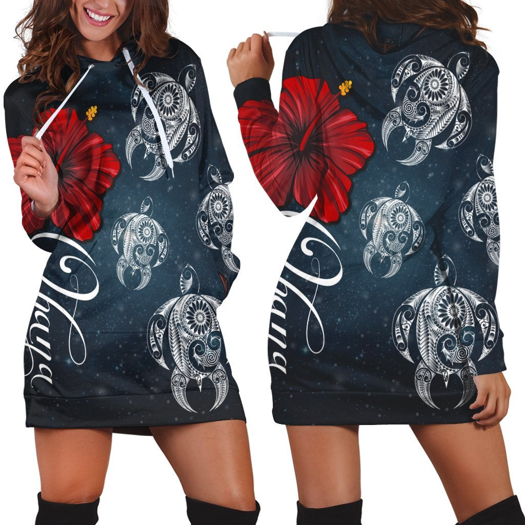 Hawaii Ohana Turtle Hibiscus Galaxy Hoodie Dress AH