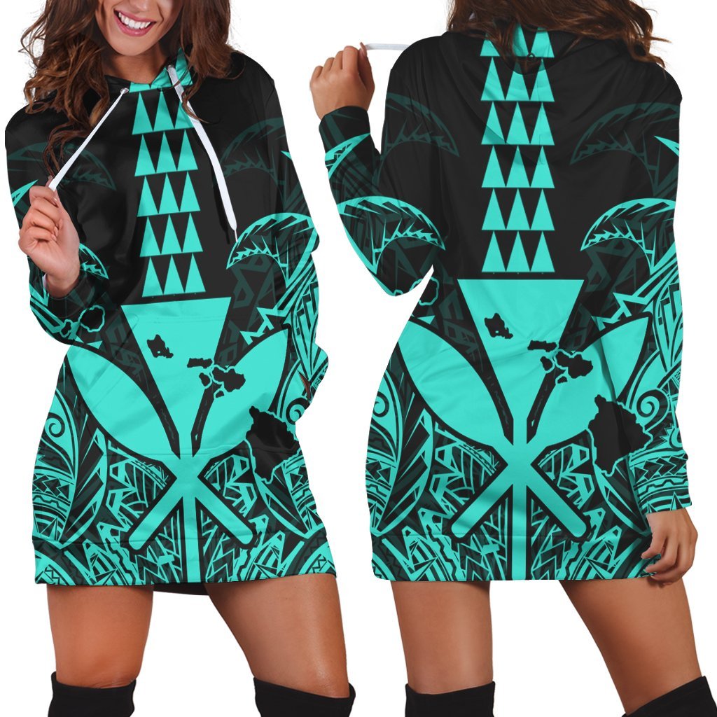 Hawaii Polynesian Kanaka Kakau Hoodie Dress Alan Style Turquoise AH
