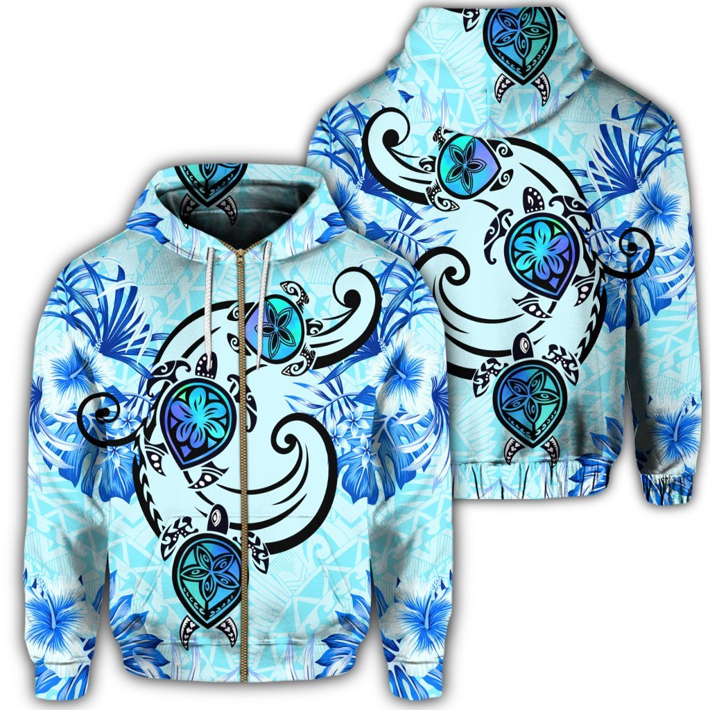 Hawaii Polynesian Plumeria Hibiscus Turtle Zip Hoodie AH Jack Style Blue