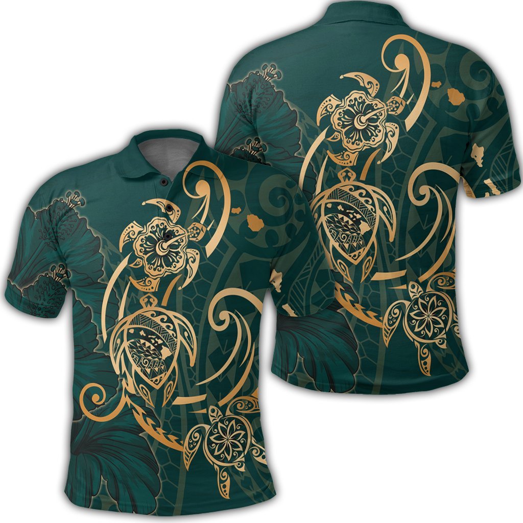 Hawaii Triple Marble Turtle Polynesian Hibiscus Polo Shirt - AH - Benjamin Style - Green