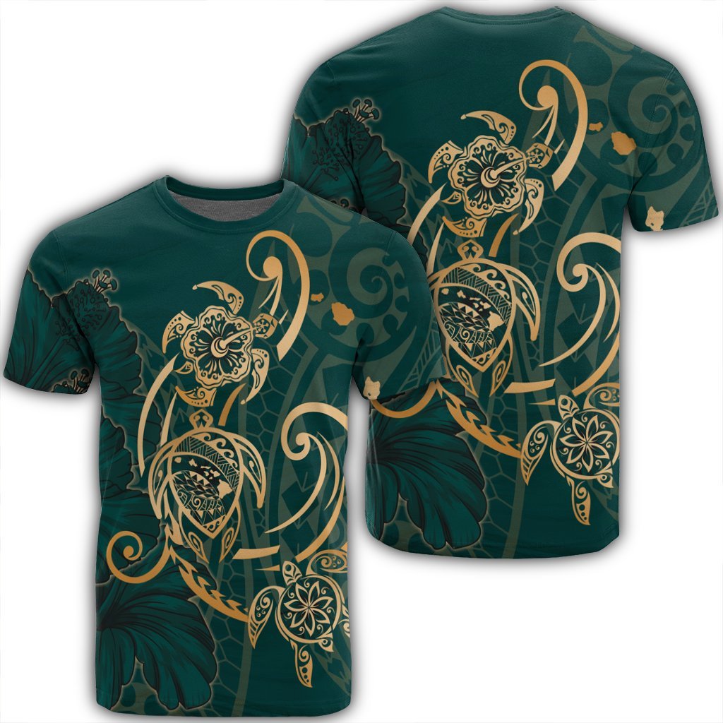 Hawaii Triple Marble Turtle Polynesian Hibiscus T-Shirt - Ah - Benjamin Style - Green