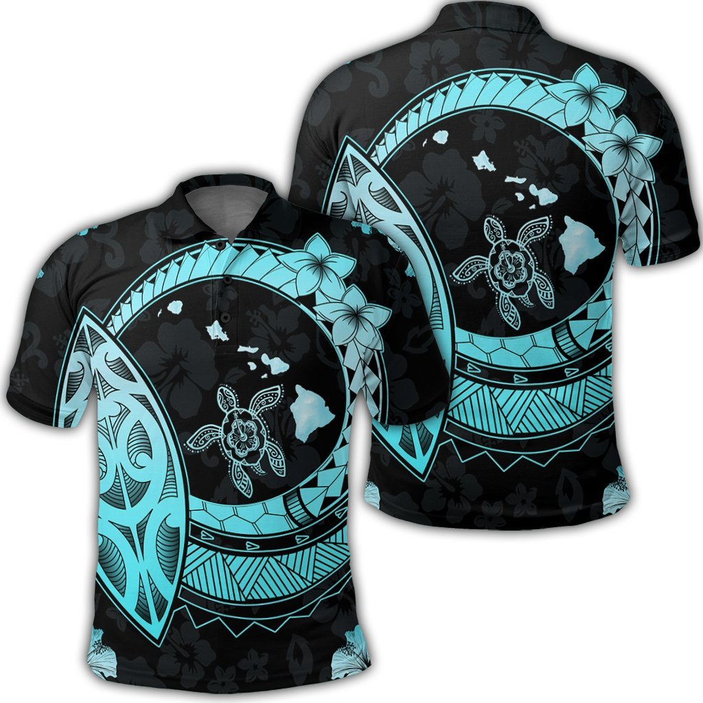 Hawaii Turtle Hibiscus Map Polynesian Polo Shirt Turquoise - AH