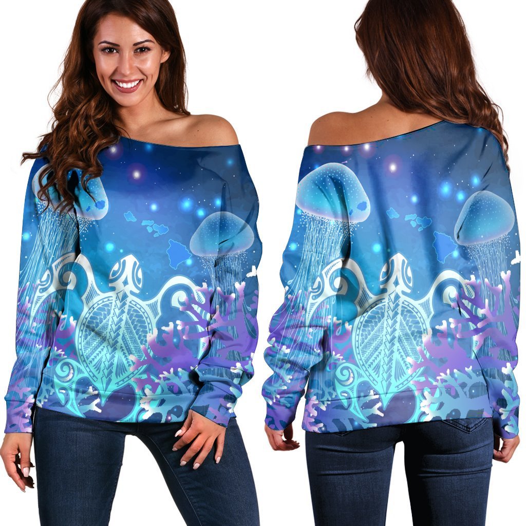 Hawaii Turtle Jellyfish Coral Women's Off Shoulder Sweater Galaxy Women's Off Shoulder Sweater AH