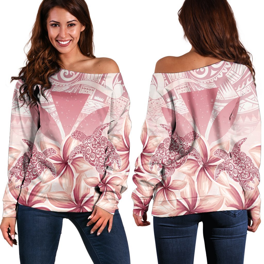 Hawaii Turtle Kanaka Plumeria Polynesian Women's Off Shoulder Sweater Pink AH