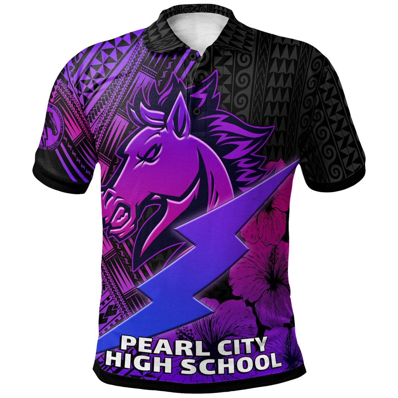 Hawaii Polo Shirt - Pearl City High School Horse and Thunder Hibiscus Polynesian