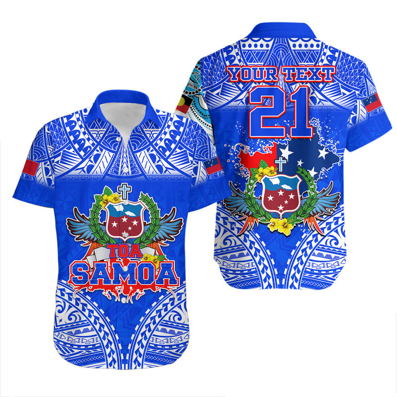Custom Personalised Toa Samoa Polynesian Rugby Hawaiian Shirt Samoan Flag Blue Color