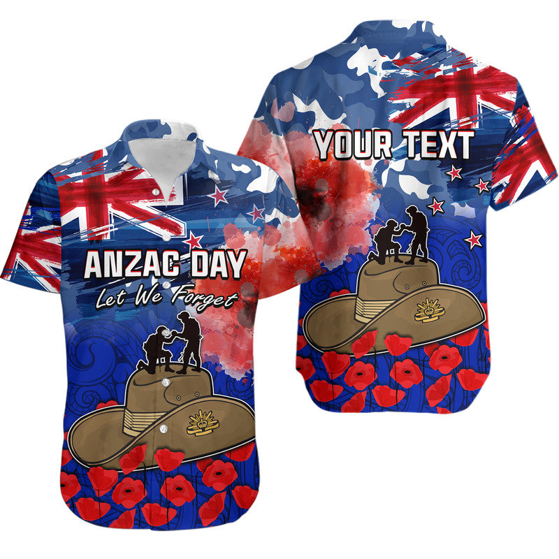 Custom Personalised New Zealand ANZAC Day Hawaiian Shirt Grunge Aotearoa Flag and Red Poppy