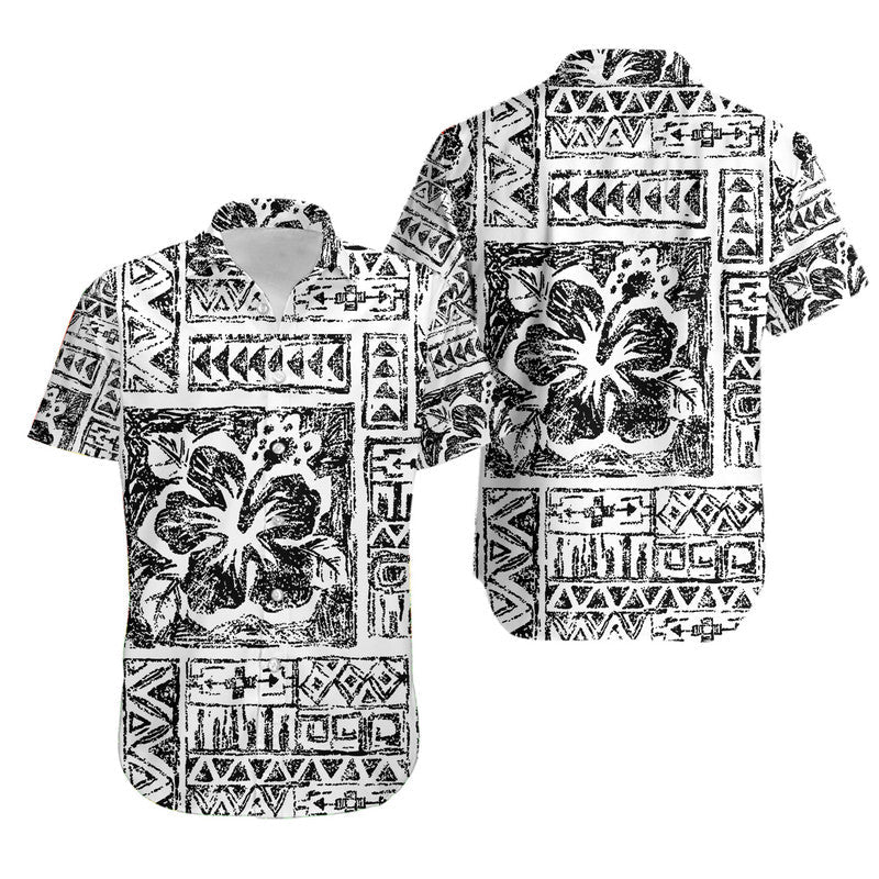 Fiji Tribal Black Hawaiian Shirt Triple Hibiscus Tapa Style