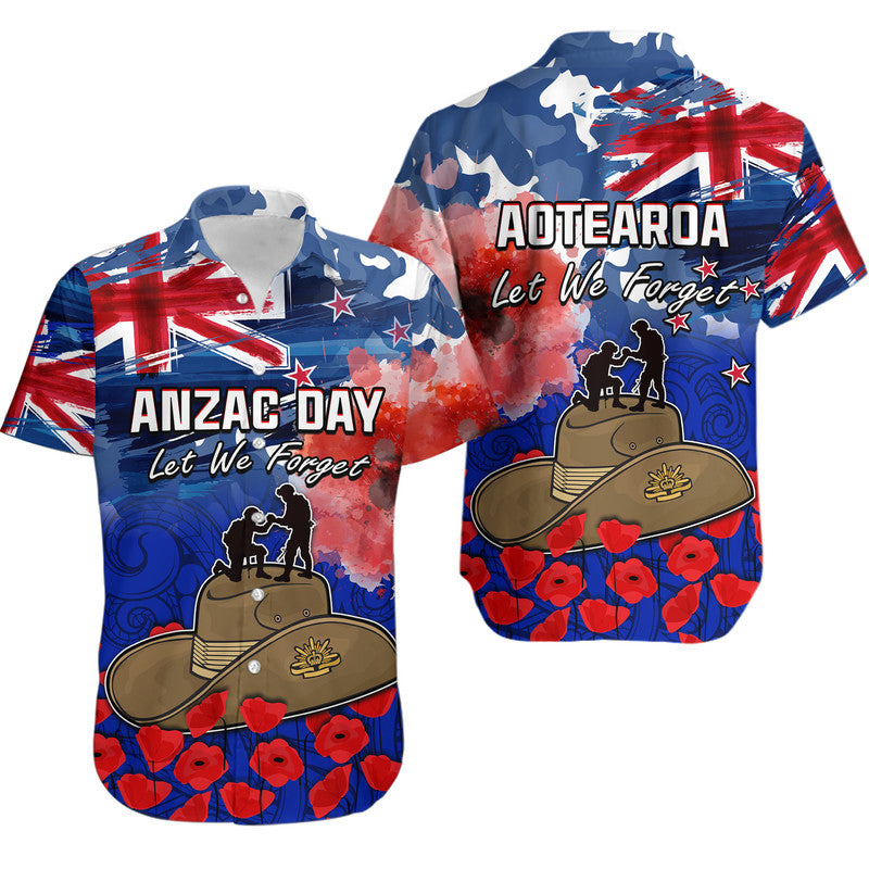 New Zealand ANZAC Day Hawaiian Shirt Grunge Aotearoa Flag and Red Poppy